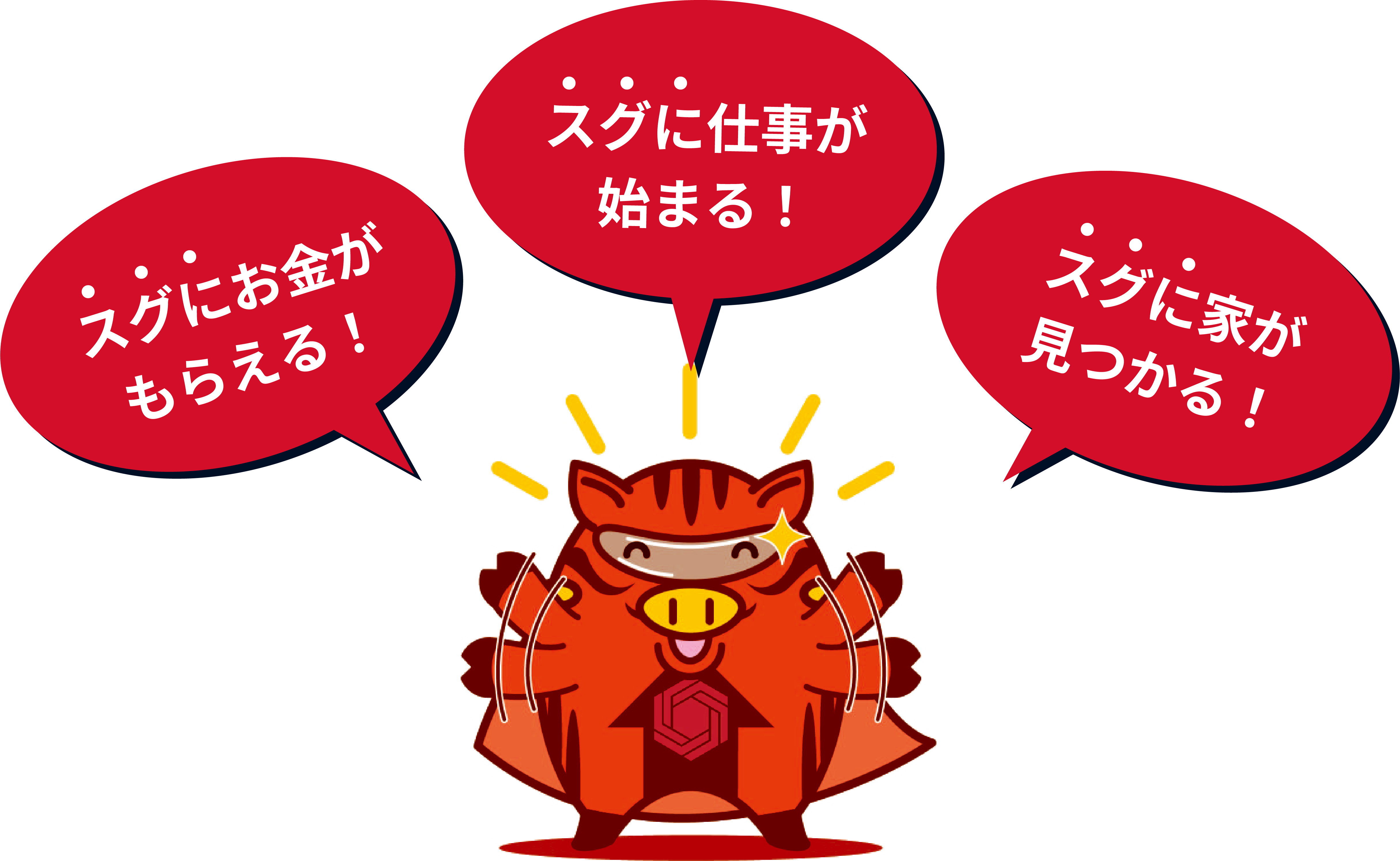 スグにお金がもらえる。スグに仕事が始まる。スグに家が見つかる。